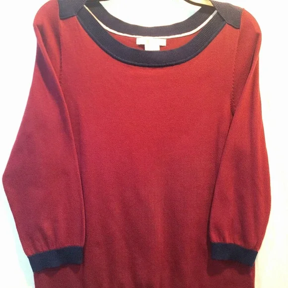 Boden Sweater Cotton Maroon Navy Ribbed Trim Boatneck Pullover 3/4 Slv Womens LG - Picture 3 of 8